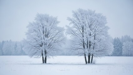 Obraz premium Winter landscape with frosted trees in a snowy field, with a distant forest backdrop
