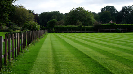Fototapeta premium A meticulously maintained lawn showcases vibrant green stripes, bordered by a weathered wooden fence and lush foliage, creating a picturesque landscape scene.