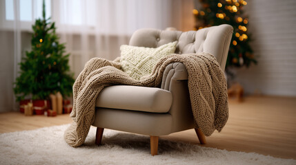 Cozy Living Room Chair with Knit Blanket and Decorative Pillows Near Festive Christmas Tree for Relaxing Interior Design Inspiration