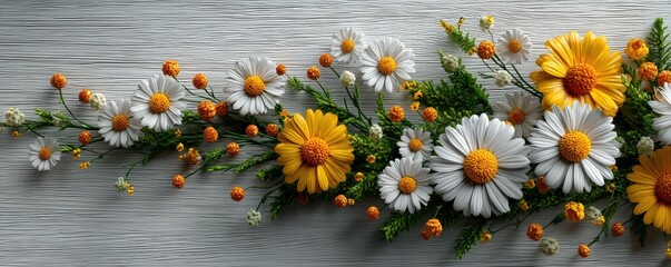Daisy bouquet arrangement on a rustic wooden background with white and yellow blooms and greenery