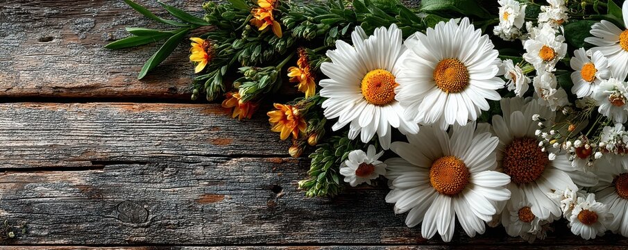 White daisies and bright flowers on rustic wooden background with a fresh bouquet