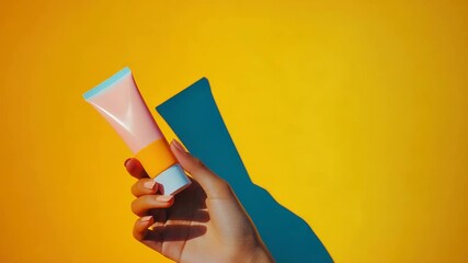 Bright colors and hands holding skincare products in four sections showcasing hand gestures against a colorful backdrop in a studio setup