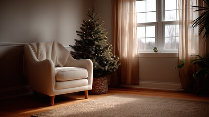 Cozy living room with a decorated Christmas tree next to a comfortable armchair and soft light falling through window curtains