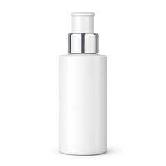 White cosmetic bottle with silver pump isolated on transparent background