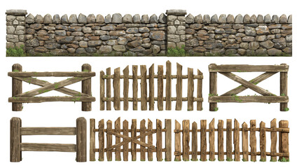 Collection of Stone and Wooden Fences Includes Stone Wall and Various Wooden Designs
