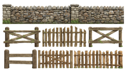 Collection of Stone and Wooden Fences Includes Stone Wall and Various Wooden Designs