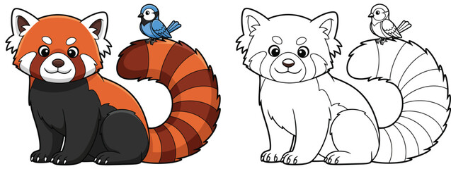 A coloring book page outline vector image of a cute red panda with a singing bird companion and a fluffy tail © AbuNazam