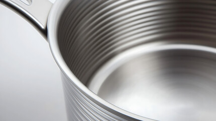 Close-up of a shiny, new metal pot with horizontal grooves, reflecting light. Its sleek handle adds to its modern design, ideal for cooking enthusiasts.
