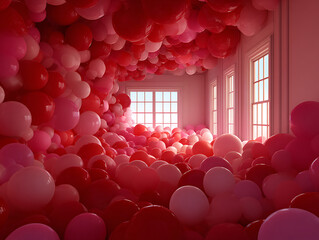 Room filled with pink and red balloons