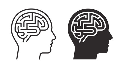 Neural awareness icon illustrating mental processing, cognitive perception and brain activity inside human head profile. Line and solid vector icon.