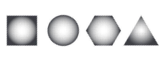 Halftone noise texture geometric shapes set: dotted circle, square, triangle creating grainy gradients and abstract patterns for modern graphic design backgrounds.