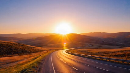 Sunrise over empty road with golden light