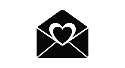 A black and white image depicting an envelope with a heart shaped opening silhouette