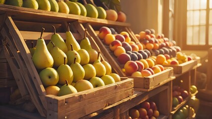Fresh fruits displayed in wooden crates at local market