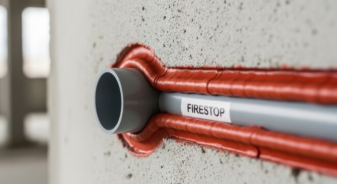 Closeup of firestop sealant bonded around plastic pipe with meticulous filling of gaps for enhanced fire protection.