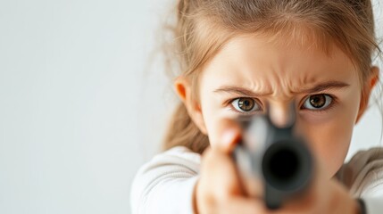 Girl with fierce determination aiming a rifle at the viewer