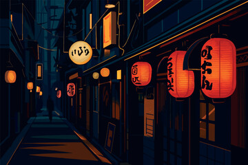 Tokyo - Atmospheric night alley in Japan illuminated by traditional red lanterns