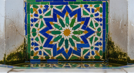 Intricate mosaic tile pattern on an ancient Moroccan fountain, showcasing stunning geometric designs and vibrant colors within traditional Islamic architecture, reflecting rich cultural heritage