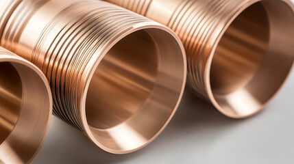 Close-up shot highlighting the shiny surfaces and patterned edges of multiple cylinders, creating a symmetrical design that focuses on texture and industrial form.