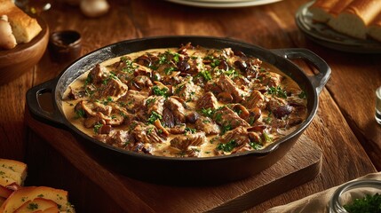 A delectable beef stroganoff, richly simmered with mushrooms, creamy sauce, and a sprinkle of fresh herbs. Served on a rustic wooden table with crusty bread. Enjoy the aroma!