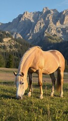 Horse standing in mountain field under clear sky