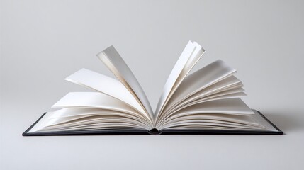 Fototapeta premium Open book on a table with white pages. The book is lying flat on a table, pages spread open to the center, with a black cover. Simple yet inviting read, write, learn!