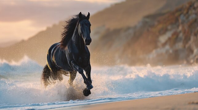 Majestic black stallion galloping freely along the shore, water splashing around its hooves. The horse exudes power and grace, embodying the spirit of freedom at sunrise.