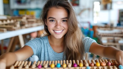 Girl joyfully learning math with colorful abacus in a bright classroom