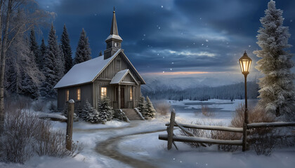 Serene Winter Chapel An enchanting scene of a snow-covered chapel nestled amidst a tranquil winter landscape. Its inviting windows glow warmly against the twilight.