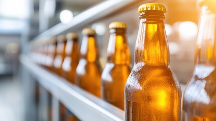 Sunlit factory line showcases sealed beer bottles in vibrant brewery