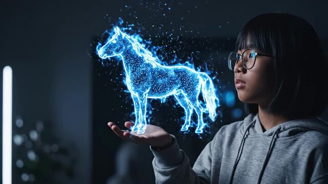 Black Student Holds Electric Holographic Horse Over Palm In Dark Room Young Black Female Learner Watches Blue Electric Horse Spark And Flicker, Reflective Glasses, Hoodie Casual, Cozy Interior.