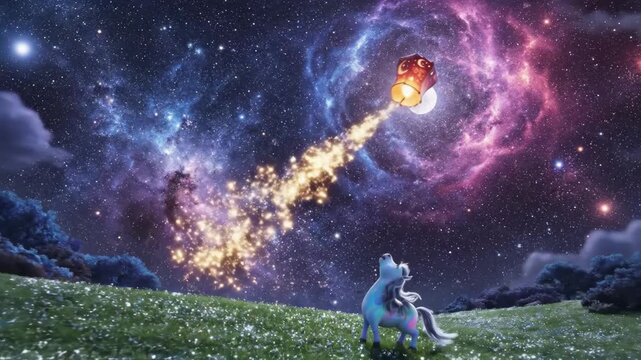 Unicorn Releasing Lantern In Moonlit Meadow Gentle Foal Tugs Glowing Paper Lantern Decorated With Stars And Crescent Moons, Wildflower Field Beneath Vivid Nebula Sky, Sparkles Trail As Wish Lifts.