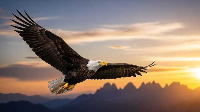 Bald eagle flying at sunset sky.