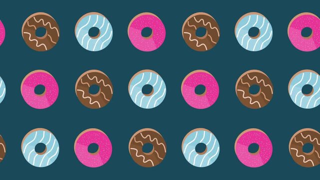 Seamless pattern of colorful glazed donuts with sprinkles in a tile background animation. Repeat wallpaper with a chocolate, strawberry, and blue doughnut symbols. Assorted pastry and dessert backdrop