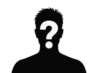 Minimalistic vector silhouette of a man, an anonymous person with a question mark on his face on transparent background. Icon avatar of an anonymous man with a question mark 