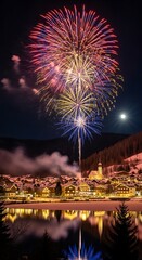 Naklejka premium Fireworks Display Over City Waterfront At Night.