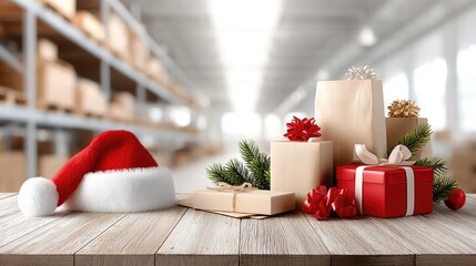 A collection of holiday gifts and decorations sits on a wooden table in a spacious warehouse filled with boxes, ready for Christmas