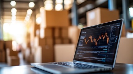 Rising graph on laptop screen beside cardboard boxes in a new workspace