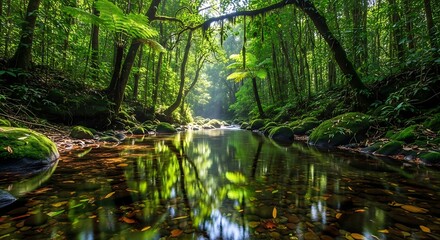 Serene forest stream with green trees.