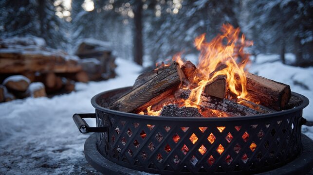 Cozy winter evening with bonfire.  Flames dance, casting a warm glow on the snow-covered ground. Trees stand in the background, their branches dusted in white. Perfect for warmth.