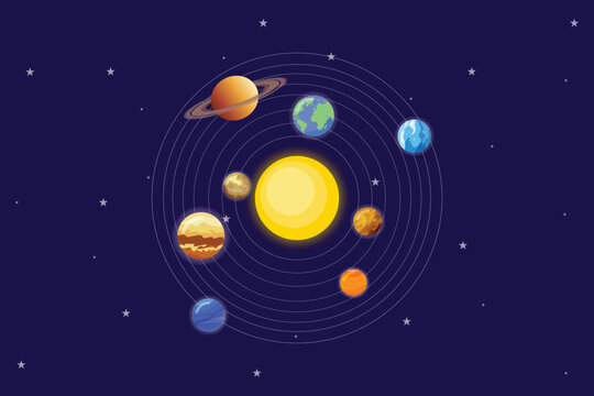 Planets revolve around the sun. Moon star Sun planet Concept. Colored flat vector illustration isolated