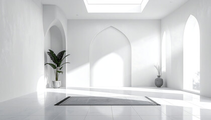 eid alfitr prayer room with minimalist islamic architecture a serene sunlit meditation space perfect for spiritual reflection and quiet devotion.