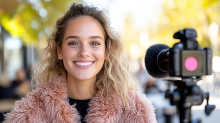 Vlogging beauty tips outdoors at a vibrant sidewalk cafe