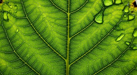 Close-up of green leaf with water drops.