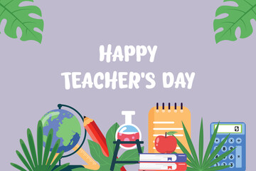 Happy teachers day with tools below the text. Teacher day Concept. Colored flat vector illustration isolated
