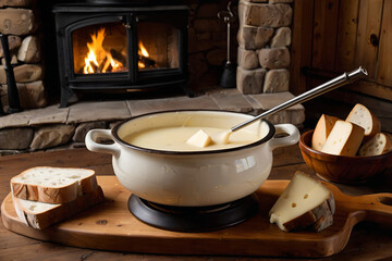 A traditional Swiss cheese fondue served in a ceramic fondue pot on a rustic wooden table. Melted cheese looks smooth and glossy, gently steaming, with bread cubes arranged naturally beside the pot. S