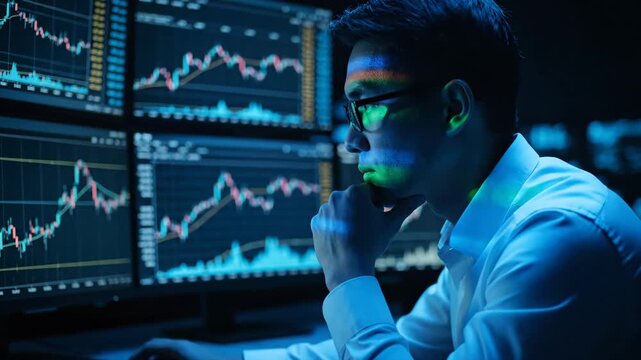 Asian Trader Analyzing Stock Market Data on Multiple Screens at Night