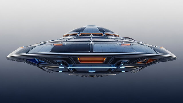 Futuristic flying saucer hovering in a gradient gray background, representing advanced technology and extraterrestrial exploration