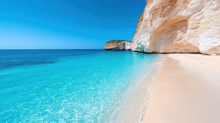 Fototapeta premium Explore the turquoise waters and sandy shores of Navaggio beach in Greece