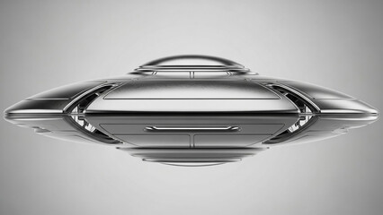 Sleek metallic saucer-shaped craft, a futuristic vision of airborne vehicles or an unidentified aerial phenomenon, rendered with a reflective surface and minimalist background